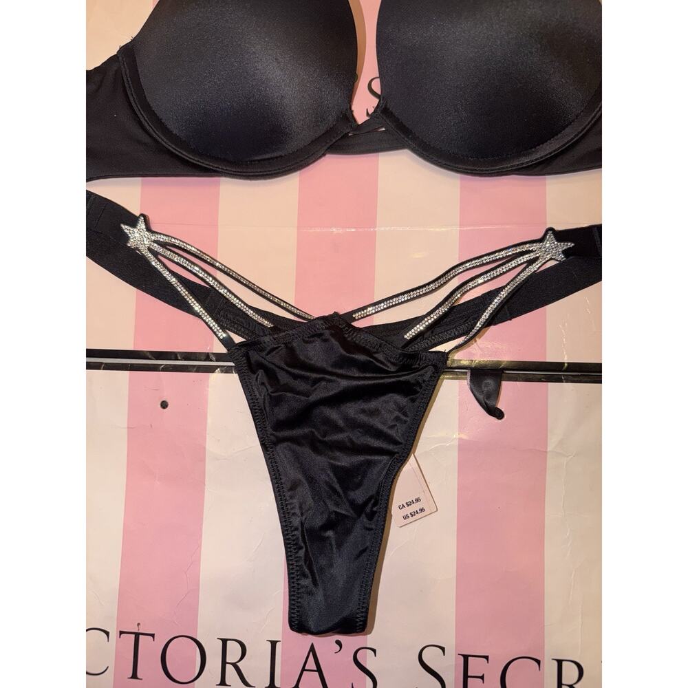 Victorias Secret Bra Push Up Shine Strap Shooting Star 32B Small Thong Black - Picture 7 of 8